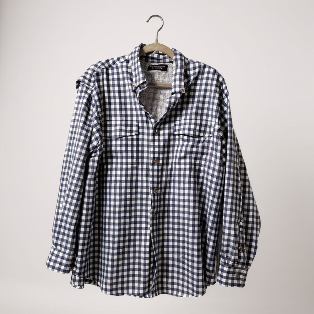 Roundtree & Yorke Button Down Gingham Navy Blue Vented Fishing Shirt XXL